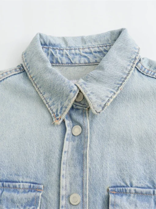 Denim Lapel Shirt with Pockets and Long Sleeves - Image 2