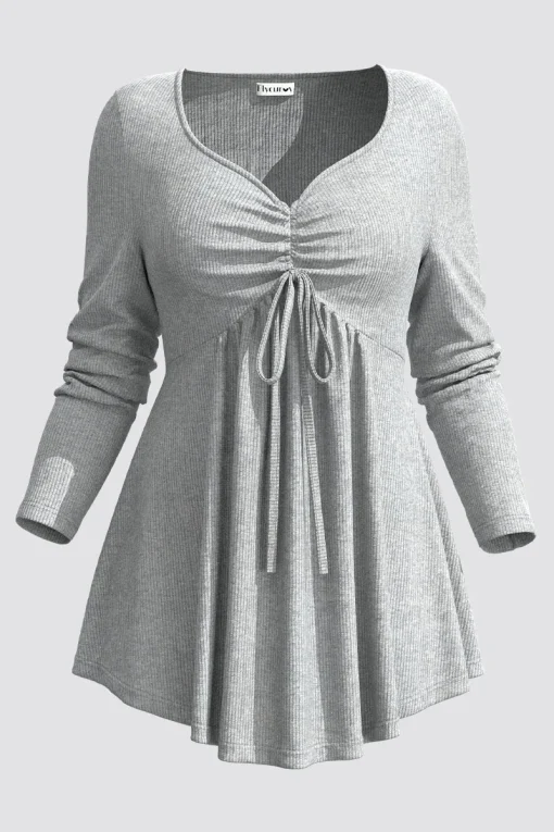 Plus Size Grey Rib Knit Drawstring V Neck Blouse - Image 2