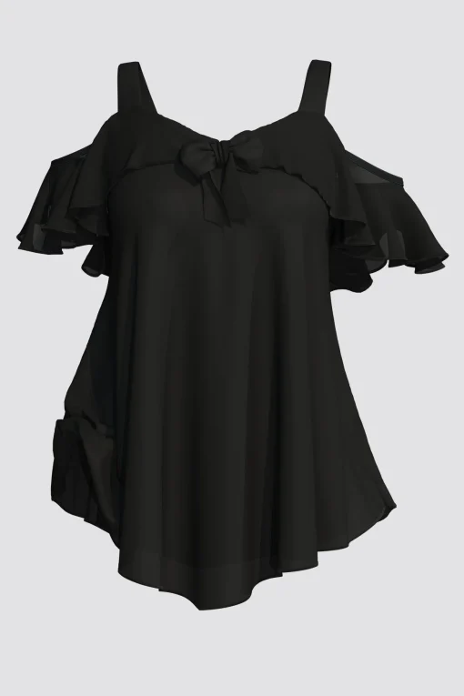 Plus Size Elegant Cold Shoulder Ruffle Blouse for Women - Image 4