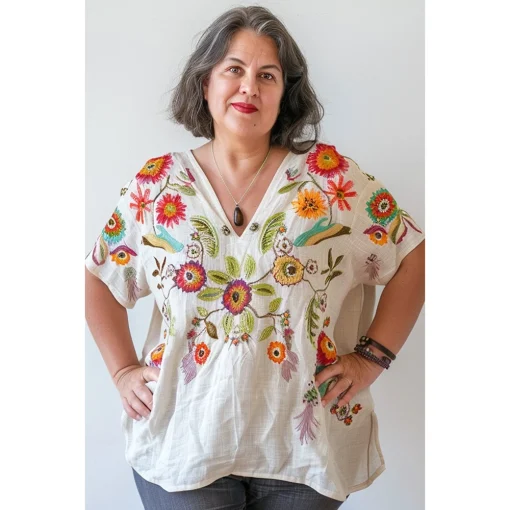 Plus Size White Linen V-Neck Blouse with Floral Print