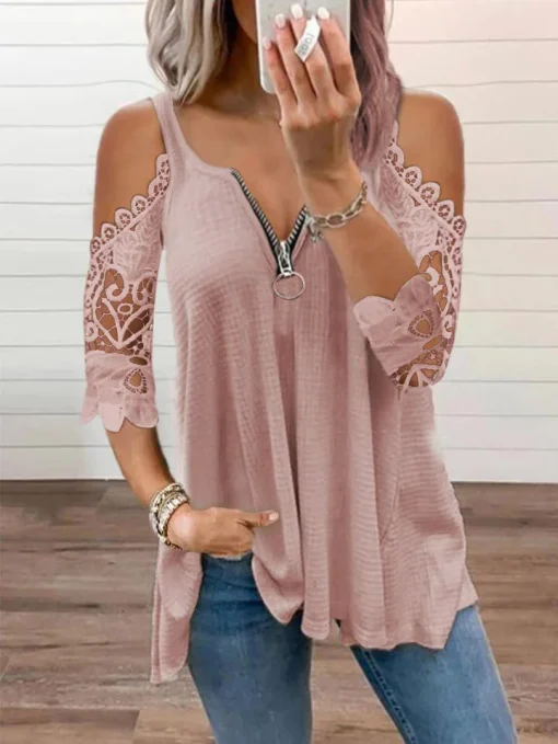 Plus Size Off Shoulder Lace Sleeve V-Neck Tunic Top - Image 2