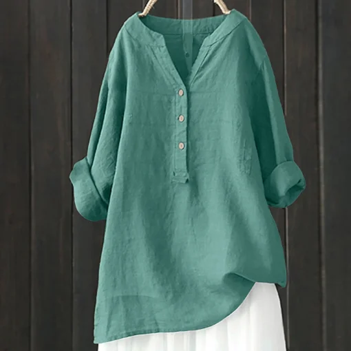 Plus Size Vintage Loose Cotton Linen Long Sleeve Blouse