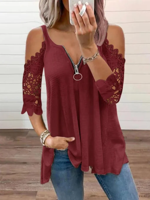 Plus Size Off Shoulder Lace Sleeve V-Neck Tunic Top - Image 3