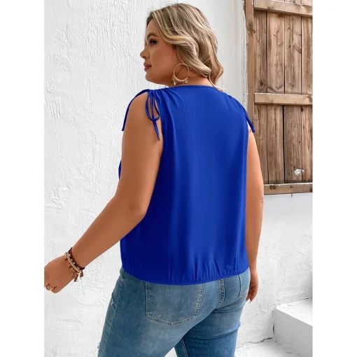 Plus Size Elegant V-Neck Drawstring Sleeveless Blouse - Image 4