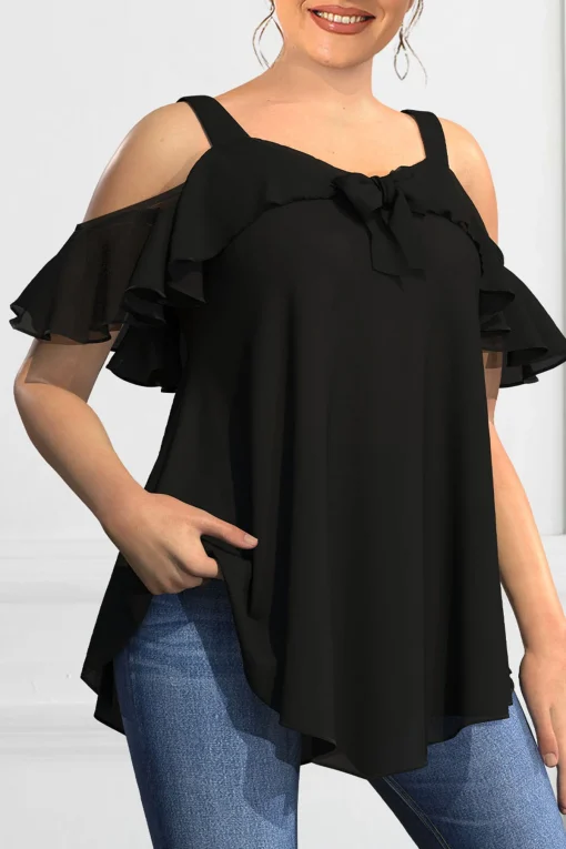 Plus Size Elegant Cold Shoulder Ruffle Blouse for Women - Image 2