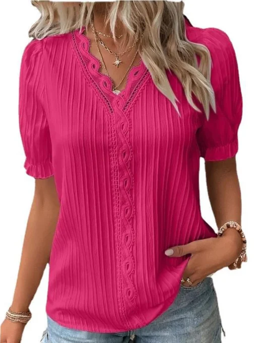 Plus Size Summer V-Neck Hollow Short Sleeve Blouse - Image 6