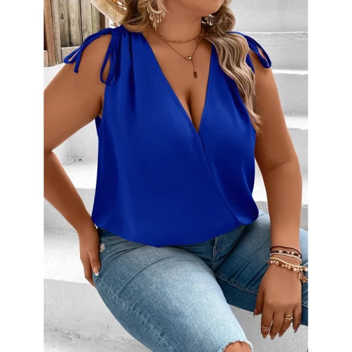 Plus Size Elegant V-Neck Drawstring Sleeveless Blouse