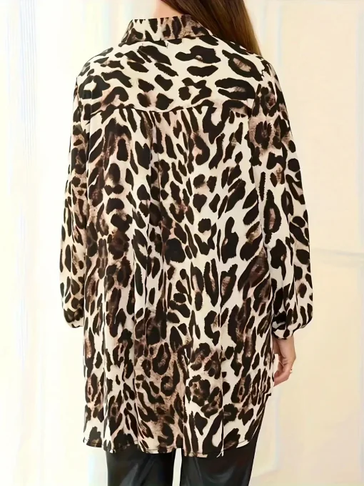 Plus Size V-Neck Leopard Print Long Sleeve Blouse - Image 3