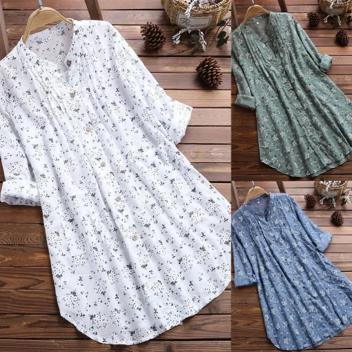 Plus Size Vintage Floral Print Long Sleeve Button-Up Tunic - Image 5