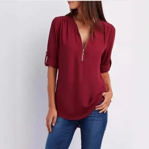 Plus Size Loose Deep V Neck Chiffon Blouse for Women - Image 4