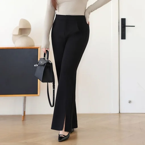 Women's High Waist Casual Straight Slit Pants, Micro Flare - Image 2