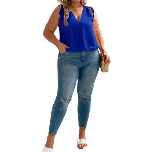 Plus Size Elegant V-Neck Drawstring Sleeveless Blouse - Image 6