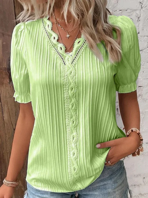 Plus Size Summer V-Neck Hollow Short Sleeve Blouse - Image 5