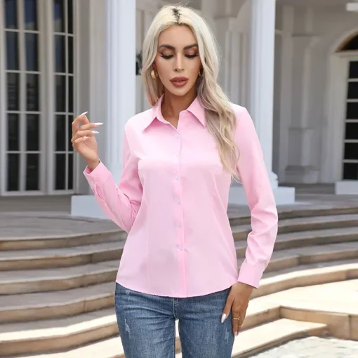 Plus Size White Long Sleeve Business Shirt for Women - Image 3