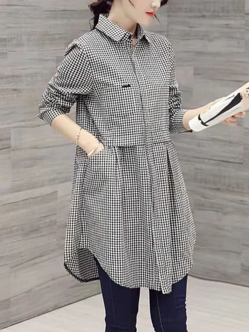 Plus Size Korean Fashion Plaid Long Sleeve Polo Blouse - Image 3