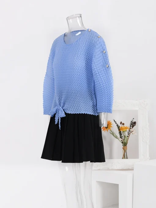 Casual Pleated Long Sleeve T-Shirt with Bandage Design