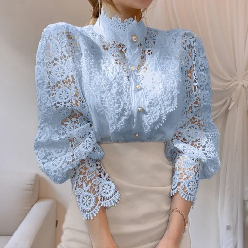 Plus Size Elegant Lace Embroidery Stand Collar Tunic