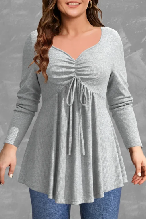 Plus Size Grey Rib Knit Drawstring V Neck Blouse