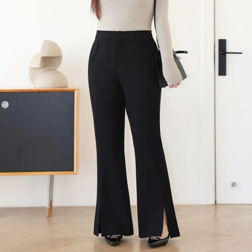 Women's High Waist Casual Straight Slit Pants, Micro Flare