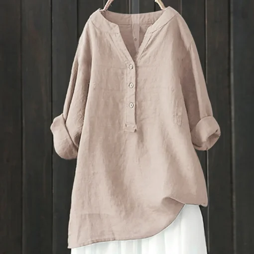 Plus Size Vintage Cotton Linen Long Sleeve Blouse - Image 2