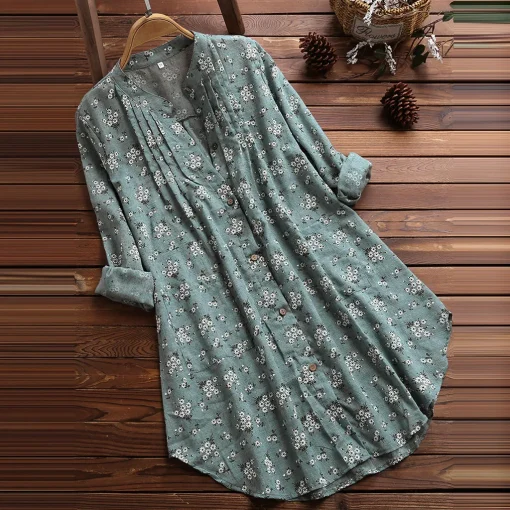 Plus Size Vintage Floral Print Long Sleeve Button-Up Tunic