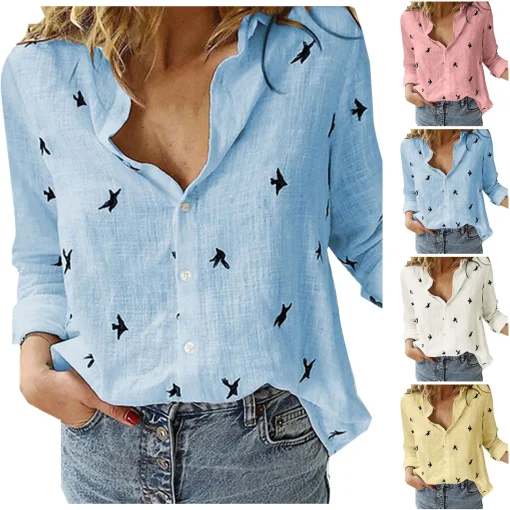 Plus Size Casual Loose Long Sleeve Linen Blouse - Image 5