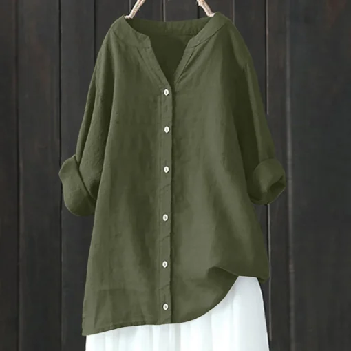 Plus Size Women's Retro Green Linen V-Neck Blouse