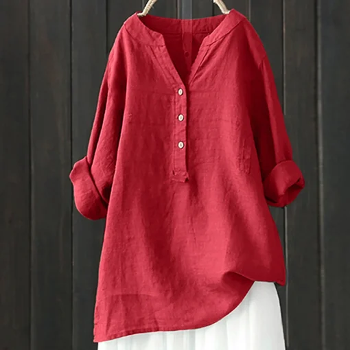 Plus Size Vintage Loose Cotton Linen Long Sleeve Blouse - Image 2