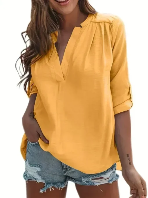 Plus Size V-Neck Loose Fit Solid Color Blouse