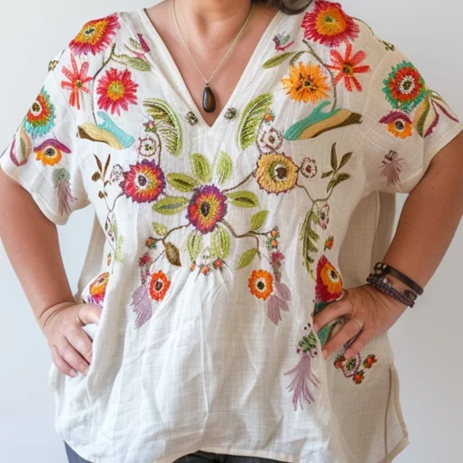 Plus Size White Linen V-Neck Blouse with Floral Print - Image 2