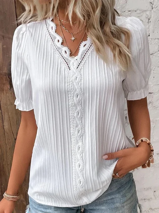 Plus Size Summer V-Neck Hollow Short Sleeve Blouse - Image 2