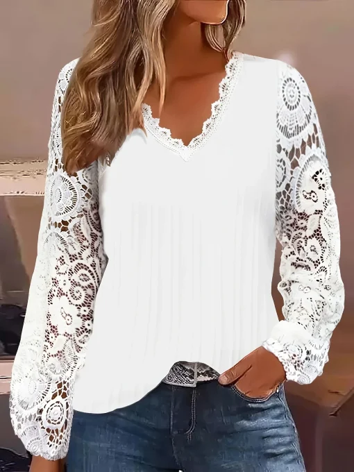 Plus Size Casual Lantern Sleeve Lace Blouse for Women