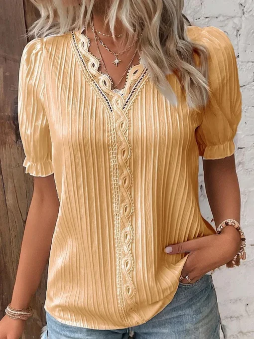 Plus Size Summer V-Neck Hollow Short Sleeve Blouse - Image 3