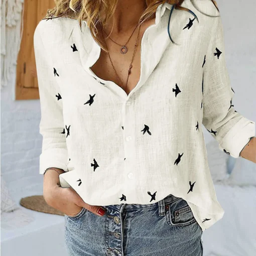 Plus Size Casual Loose Long Sleeve Linen Blouse - Image 3