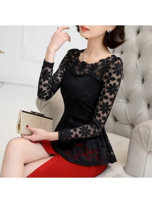 Plus Size Vintage Long Sleeve Lace Blouse for Women - Image 6