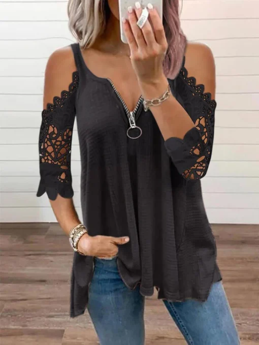 Plus Size Off Shoulder Lace Sleeve V-Neck Tunic Top - Image 4