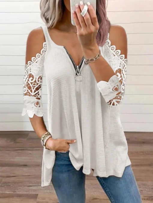 Plus Size Off Shoulder Lace Sleeve V-Neck Tunic Top - Image 5