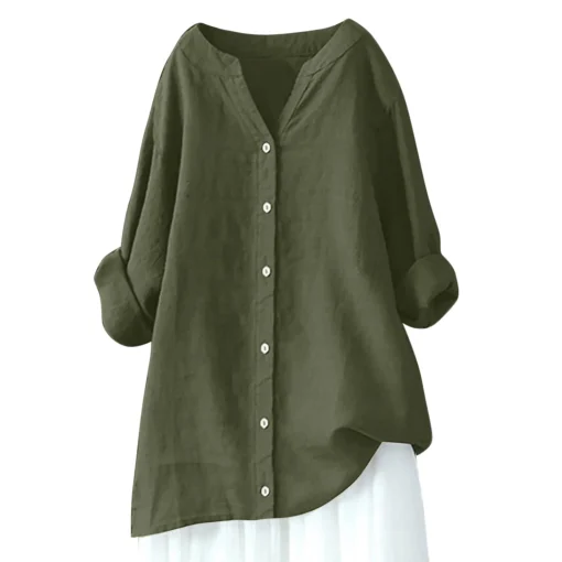 Plus Size Women's Retro Green Linen V-Neck Blouse - Image 2