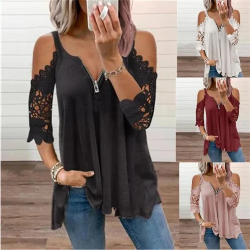 Plus Size Off Shoulder Lace Sleeve V-Neck Tunic Top