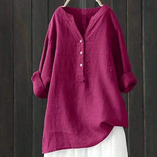 Plus Size Vintage Loose Cotton Linen Long Sleeve Blouse - Image 4