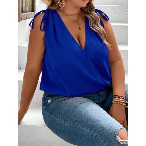 Plus Size Elegant V-Neck Drawstring Sleeveless Blouse - Image 2