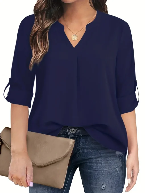 Plus Size Casual Notched Neck T-Shirt for Women - Image 4