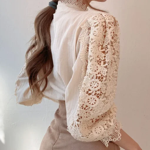 Plus Size Elegant Lace Embroidery Stand Collar Tunic - Image 6