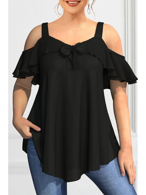 Plus Size Elegant Cold Shoulder Ruffle Blouse for Women - Image 5