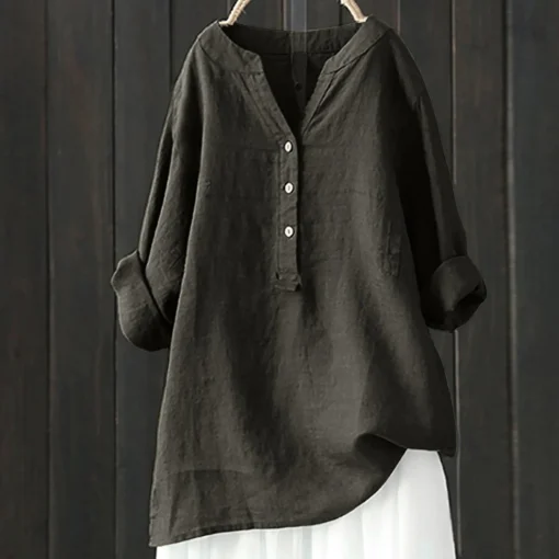 Plus Size Vintage Loose Cotton Linen Long Sleeve Blouse - Image 3