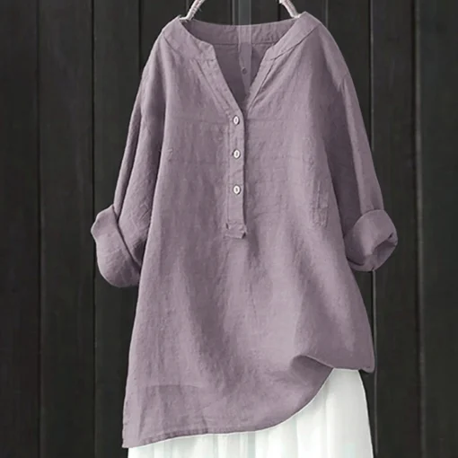 Plus Size Vintage Cotton Linen Long Sleeve Blouse - Image 4