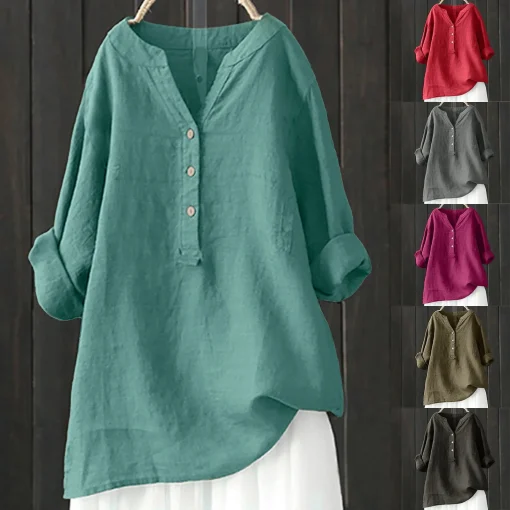 Plus Size Vintage Loose Cotton Linen Long Sleeve Blouse - Image 6