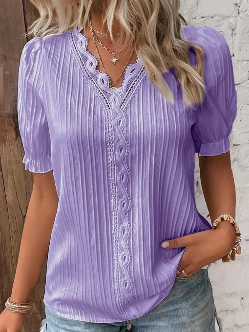 Plus Size Summer V-Neck Hollow Short Sleeve Blouse - Image 4