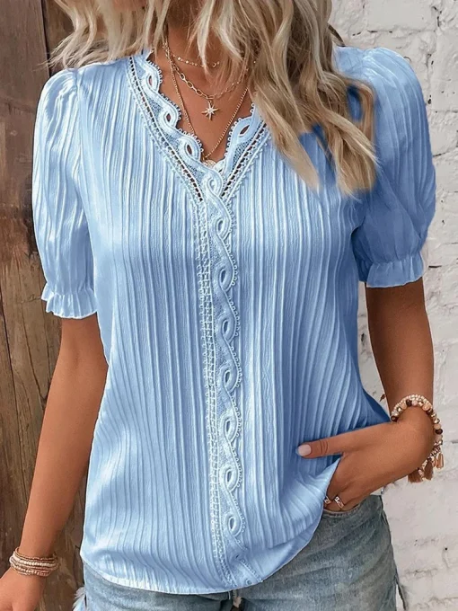 Plus Size Summer V-Neck Hollow Short Sleeve Blouse