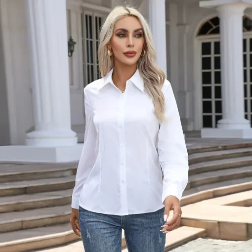 Plus Size White Long Sleeve Business Shirt for Women